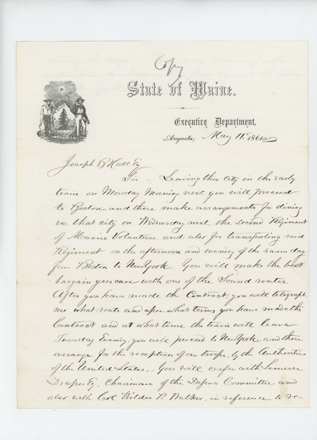 Miniature of Governor Israel Washburn writes to Joseph B. Hall regarding transportation of 2nd Regiment from Boston to New York