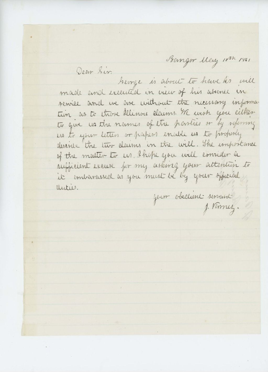 Miniature of J. Varney requests information for claims on a will