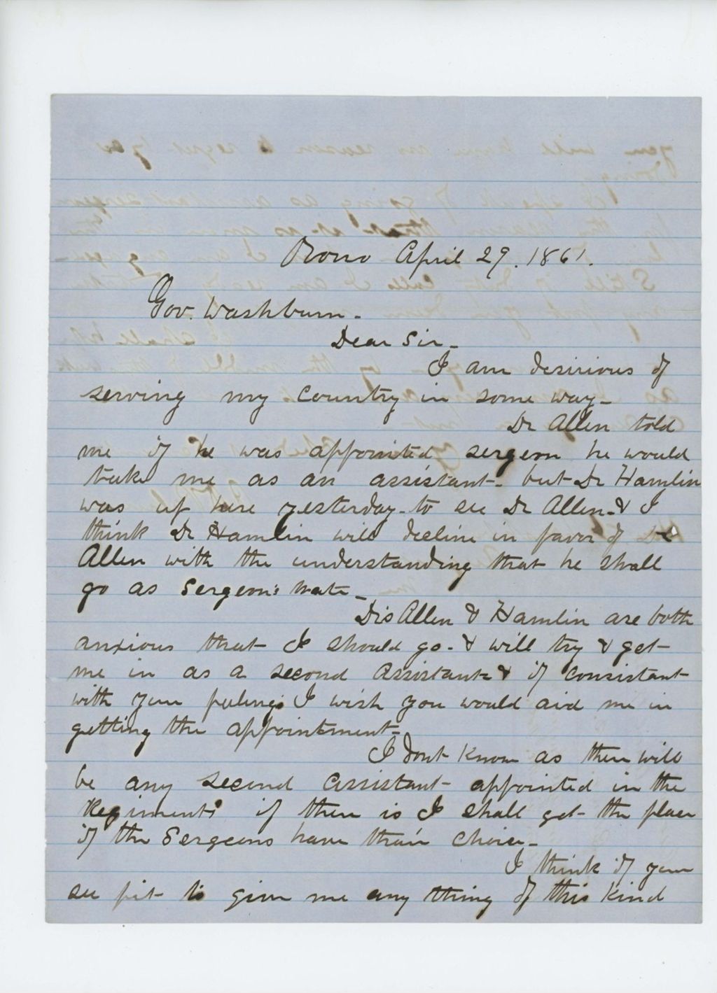 Miniature of A.D. Palmer requests position as assistant surgeon