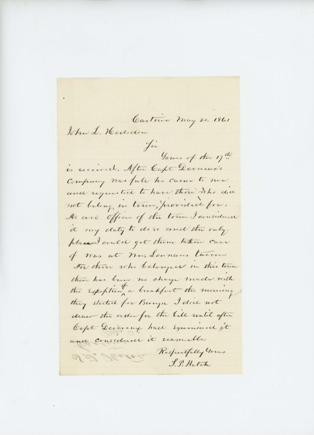 Miniature of J.T. Hatch writes to John L. Hodsdon regarding provisions for troops in Castine