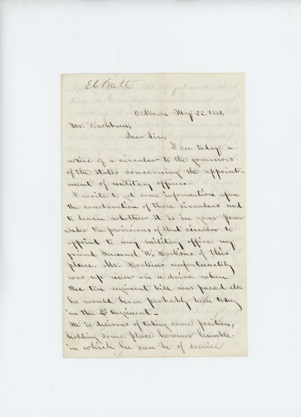 Miniature of E.G. Brett requests commission for his friend Samuel W. Hoskins