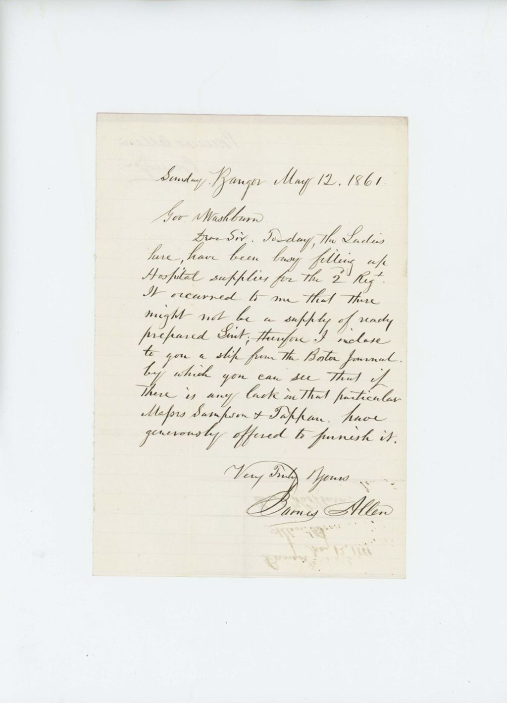 Miniature of Barnes Allen writes to Governor Washburn regarding supply of lint