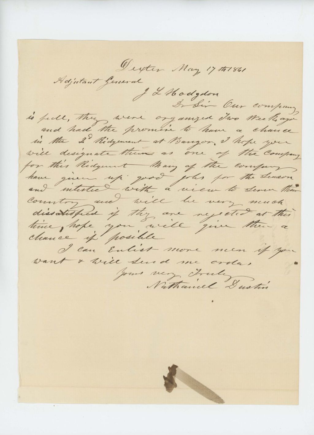 Miniature of Nathaniel Dustin writes to Adjutant General Hodsdon regarding enlistment of men from Dexter