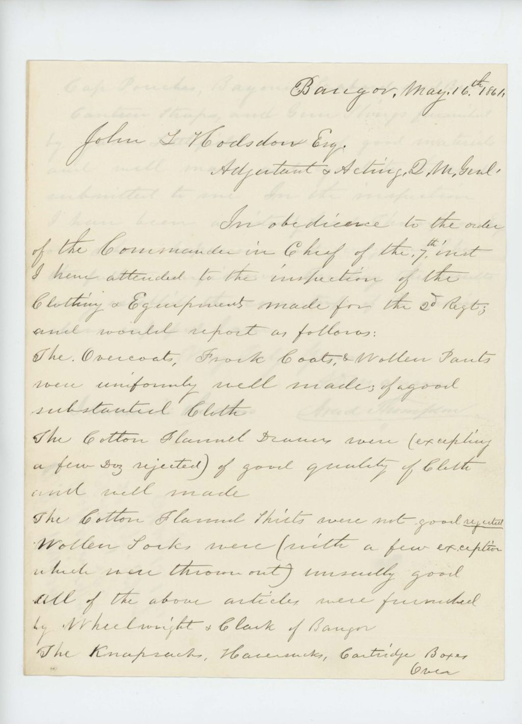 Miniature of A.D. Manson writes to Adjutant General Hodsdon regarding inspection of clothing and equipment of 2nd Regiment
