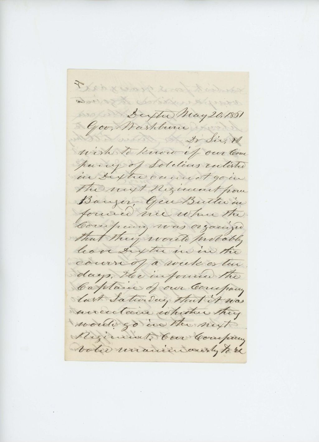 Miniature of Nathan Wyman writes to Governor Washburn regarding burden of troops on town