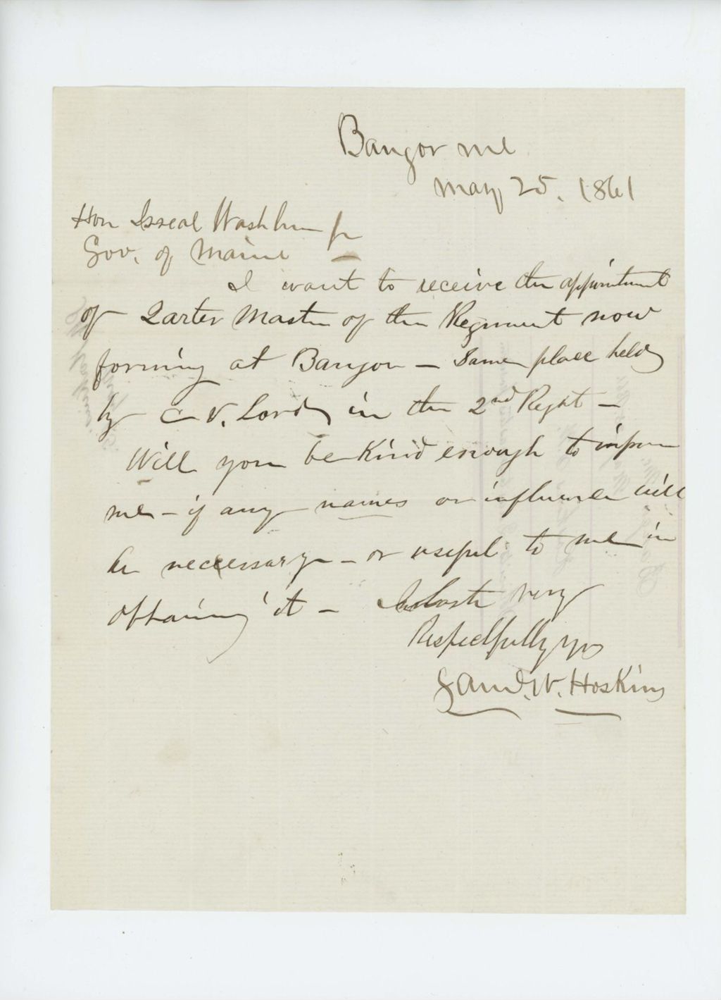 Miniature of Samuel W. Hoskins writes Governor Washburn asking for military appointment