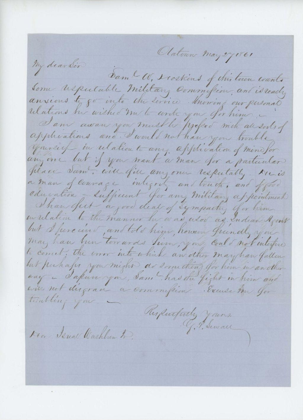 Miniature of George P. Sewall recommends Samuel W. Hoskins for commission