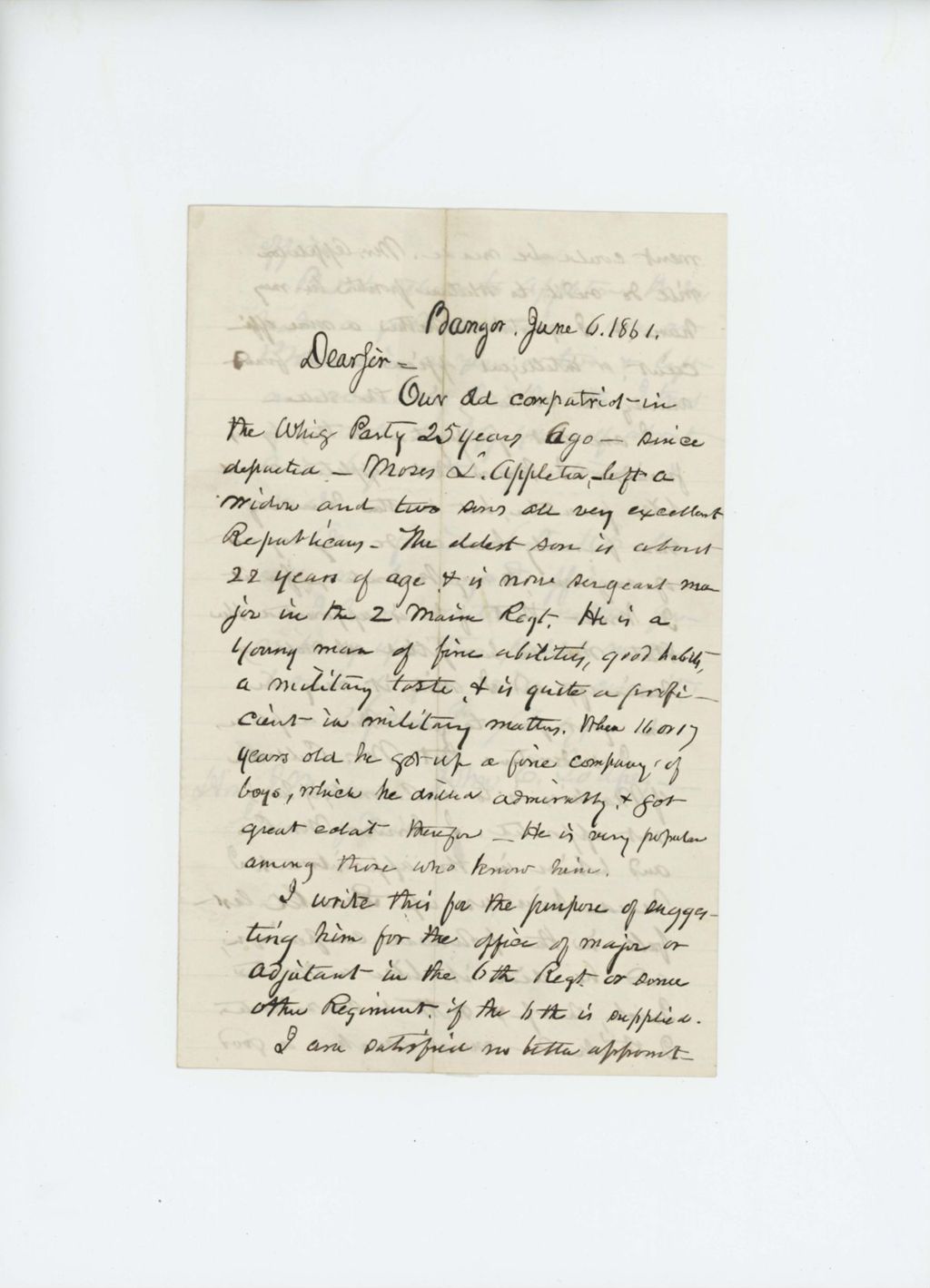 Miniature of John C. Godfrey recommends Appleton as Major or Adjutant in 6th Maine Volunteers