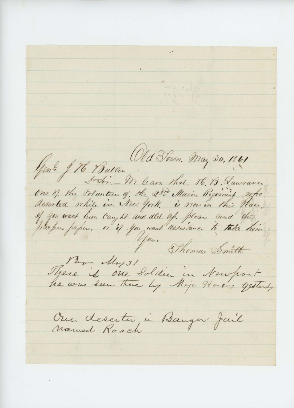 Miniature of Thomas Smith informs General J.H. Butler of a deserter in Old Town