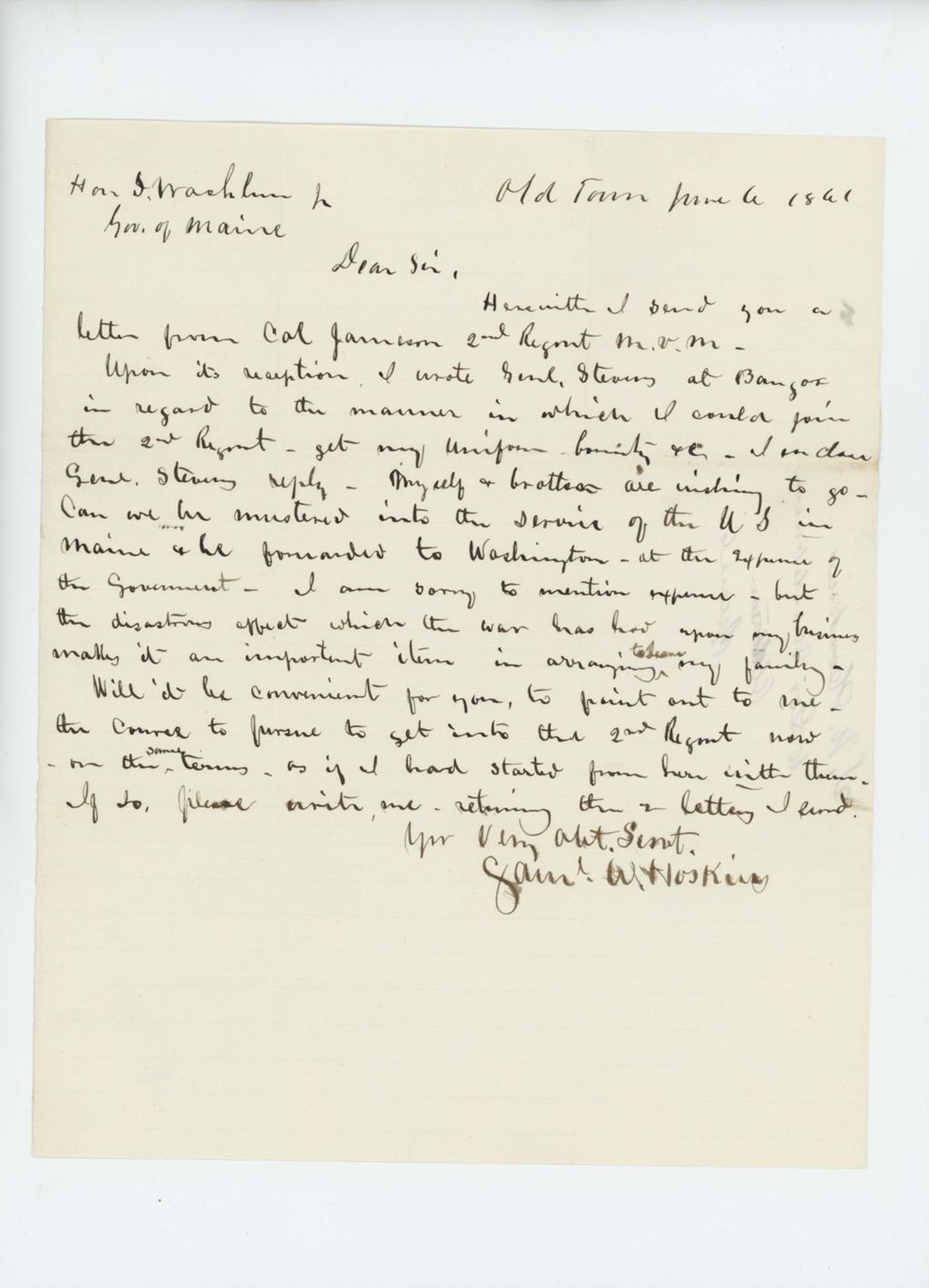 Miniature of Samuel Hoskins writes to Governor Washburn regarding joining the 2nd Regiment
