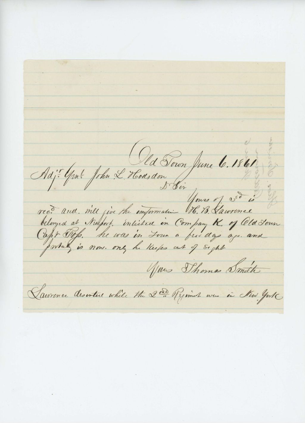 Miniature of Thomas Smith writes to Adjutant General Hodsdon regarding H.B. Lawrence, deserter