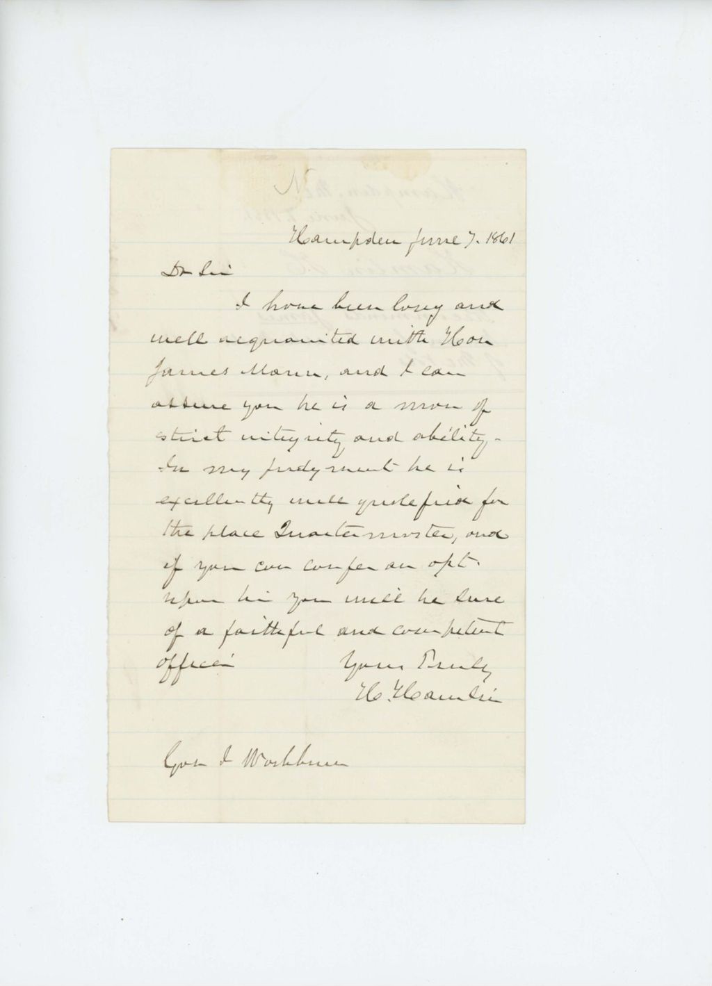 Miniature of Hannibal Hamlin writes to Governor Washburn recommending James Mann for Quartermaster
