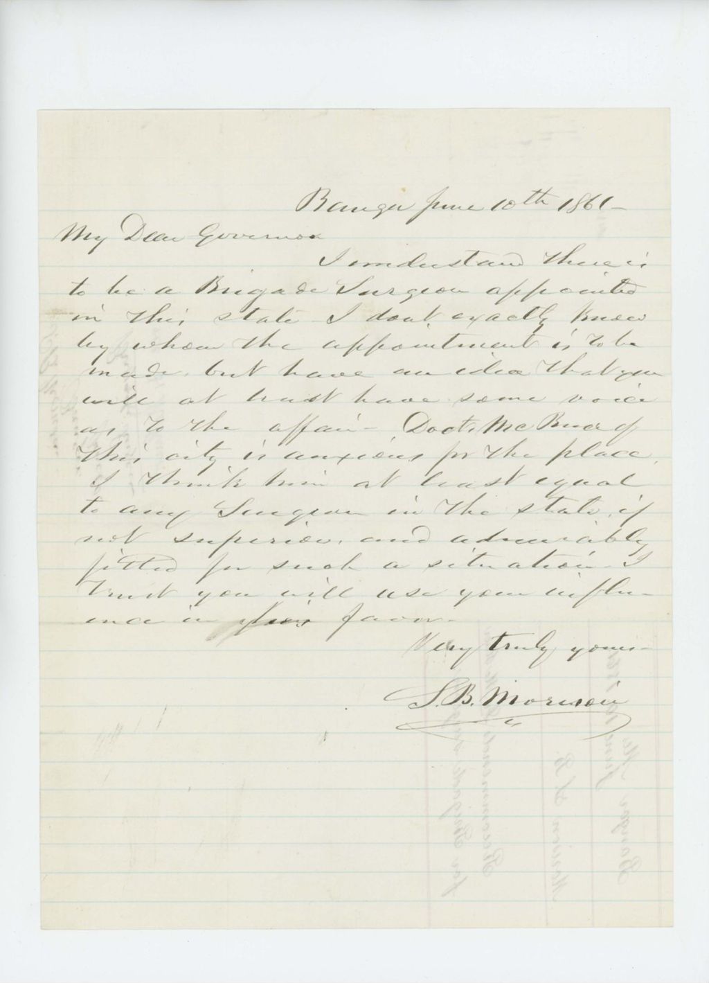 Miniature of S.B. Morrison recommends Dr. McRuer for Brigade Surgeon