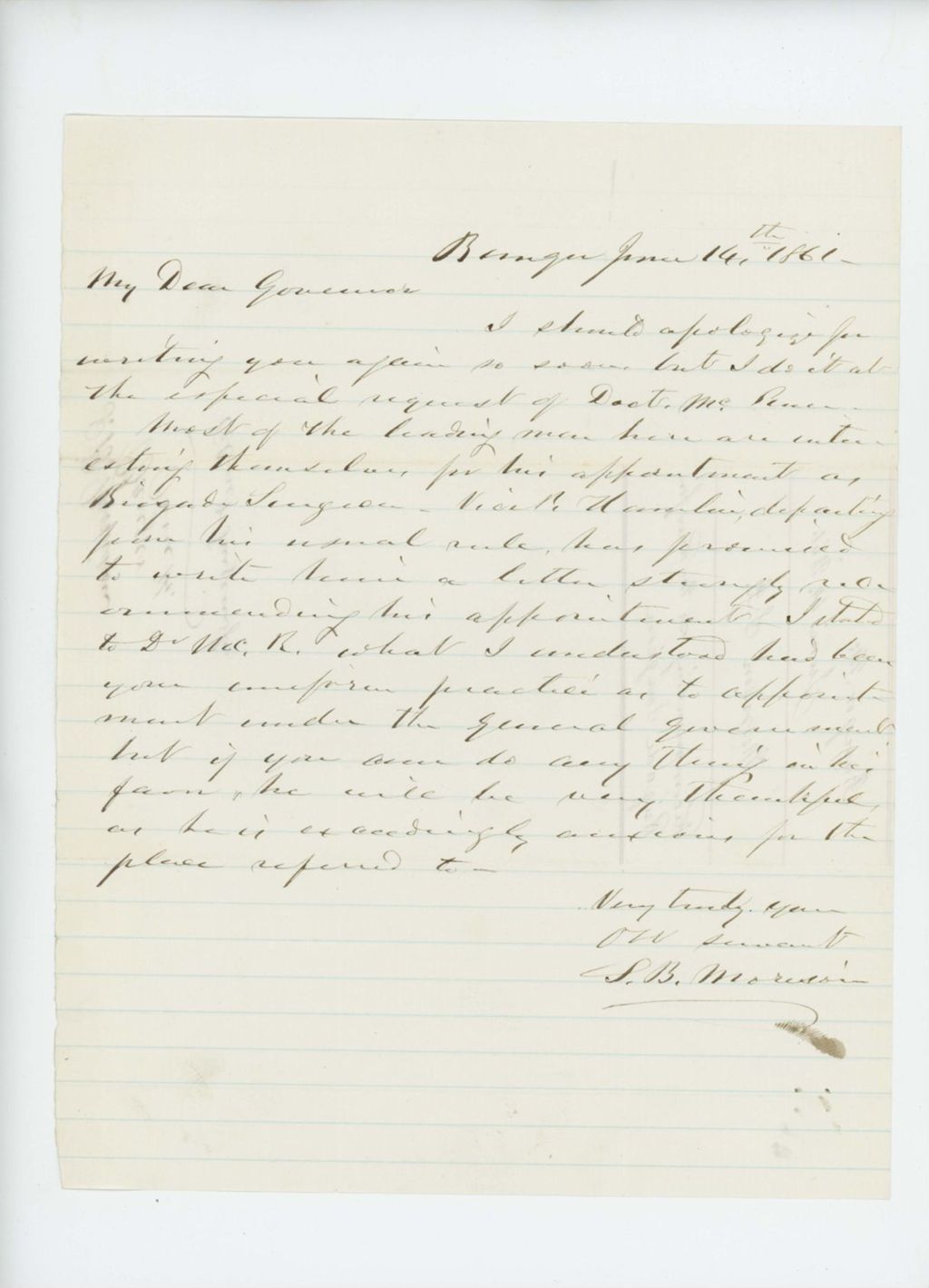 Miniature of S.B. Morison writes to Governor Washburn again recommending Dr.Daniel McRuer for Brigade Surgeon
