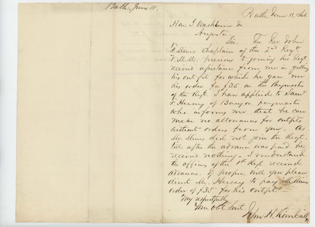 Miniature of J.H. Kimball request aid in receiving $35 for Rev. Mines' outfit