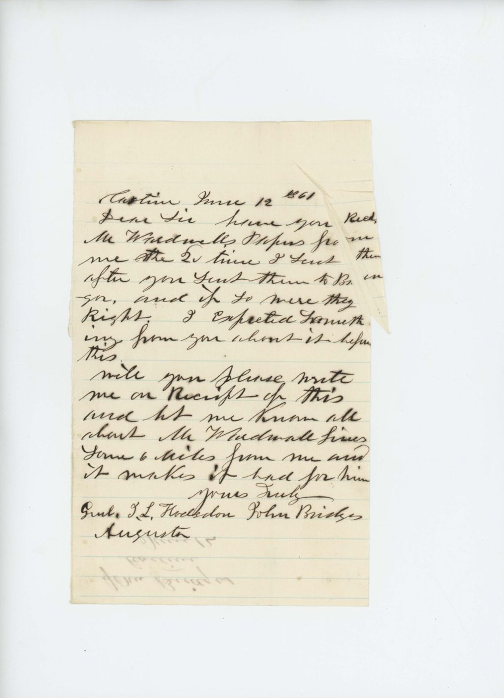 Miniature of Senator John Bridges writes to Adjutant General Hodsdon inquiring about Wardwell's papers