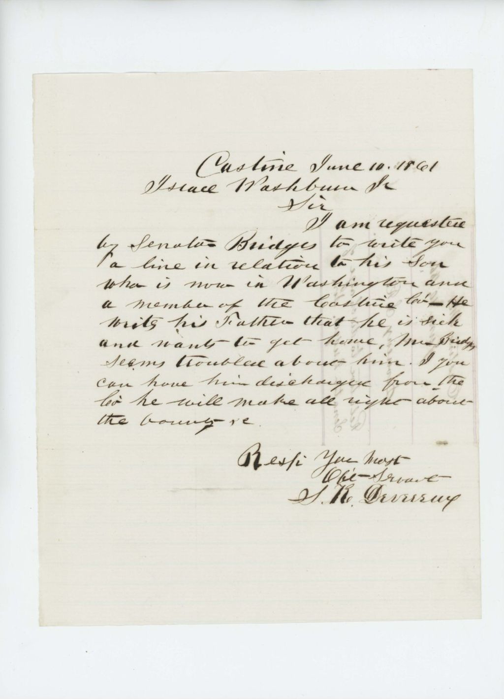 Miniature of S.R. Devereux writes to Governor Washburn about discharge for Senator Bridges' son