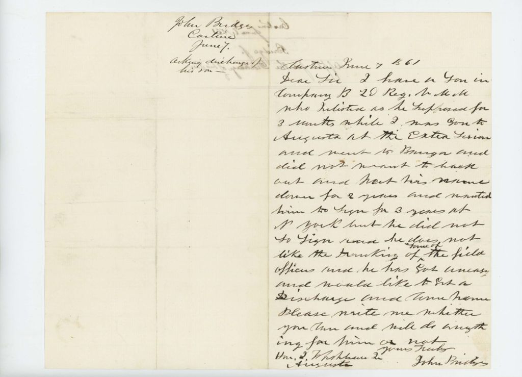 Miniature of enator John Bridges writes to Governor Washburn requesting discharge for his son