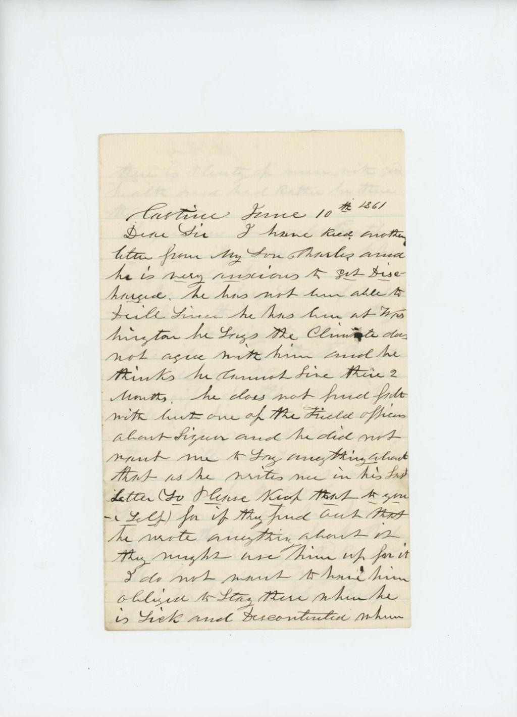 Miniature of Senator John Bridges writes again to Governor Washburn to obtain discharge for his son Charles