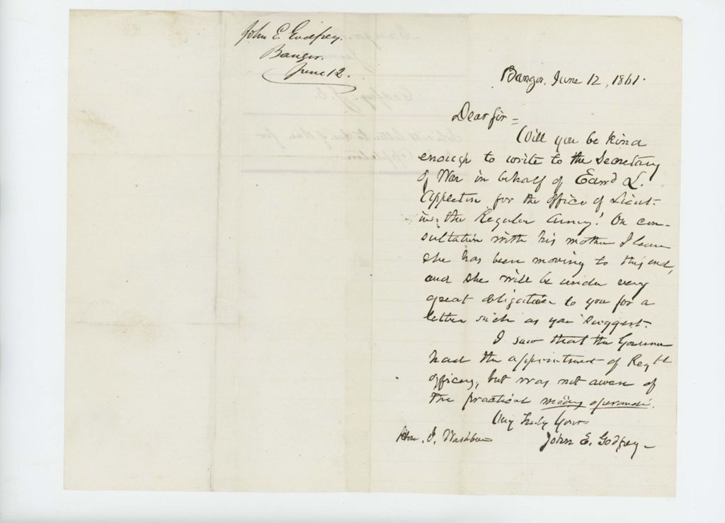 Miniature of 1861-06-12  John E. Godfrey requests Governor Washburn write to the Secretary of  War on behalf of Edward L. Appleton