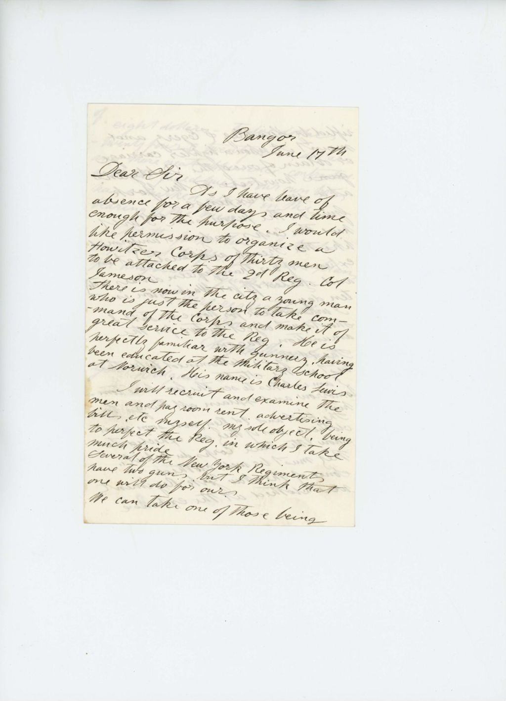 Miniature of Dr. Augustus C. Hamlin writes to Adjutant General Hodsdon about recruitment and supplies