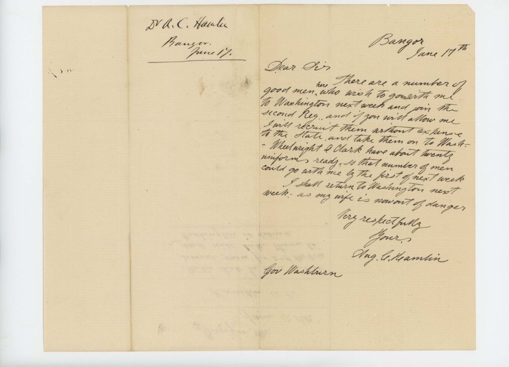 Miniature of Dr. Augustus C. Hamlin writes to Governor Washburn requesting permission to recruit 20 men for the 2nd Maine Regiment