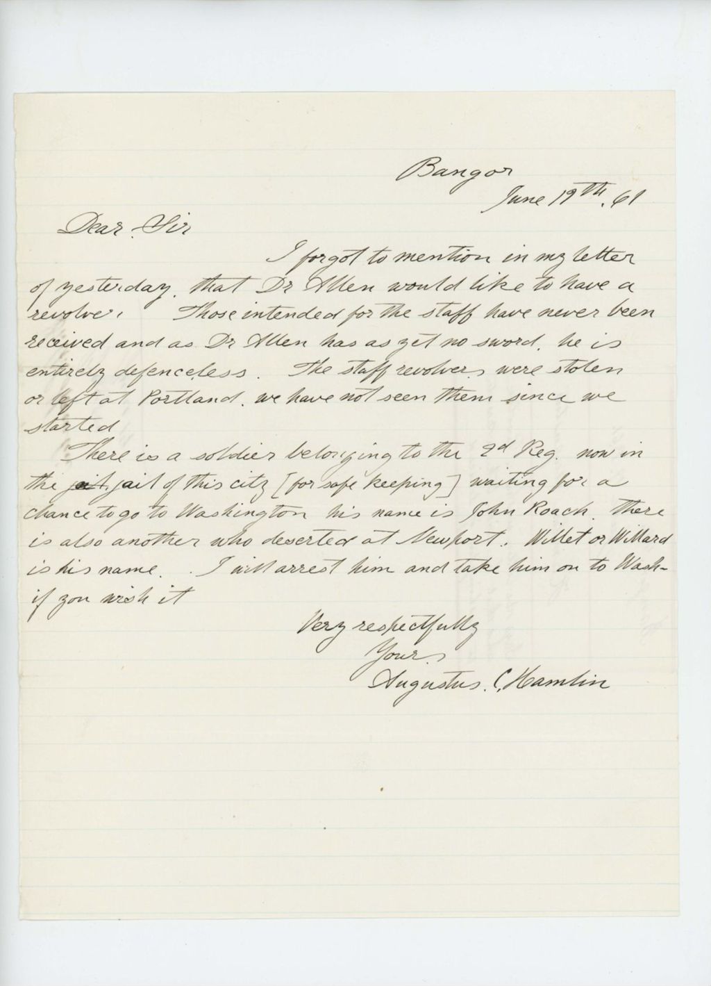 Miniature of Dr. Augustus Hamlin requests a revolver for Dr. Allen and offers to bring deserter to Washington, D.C.