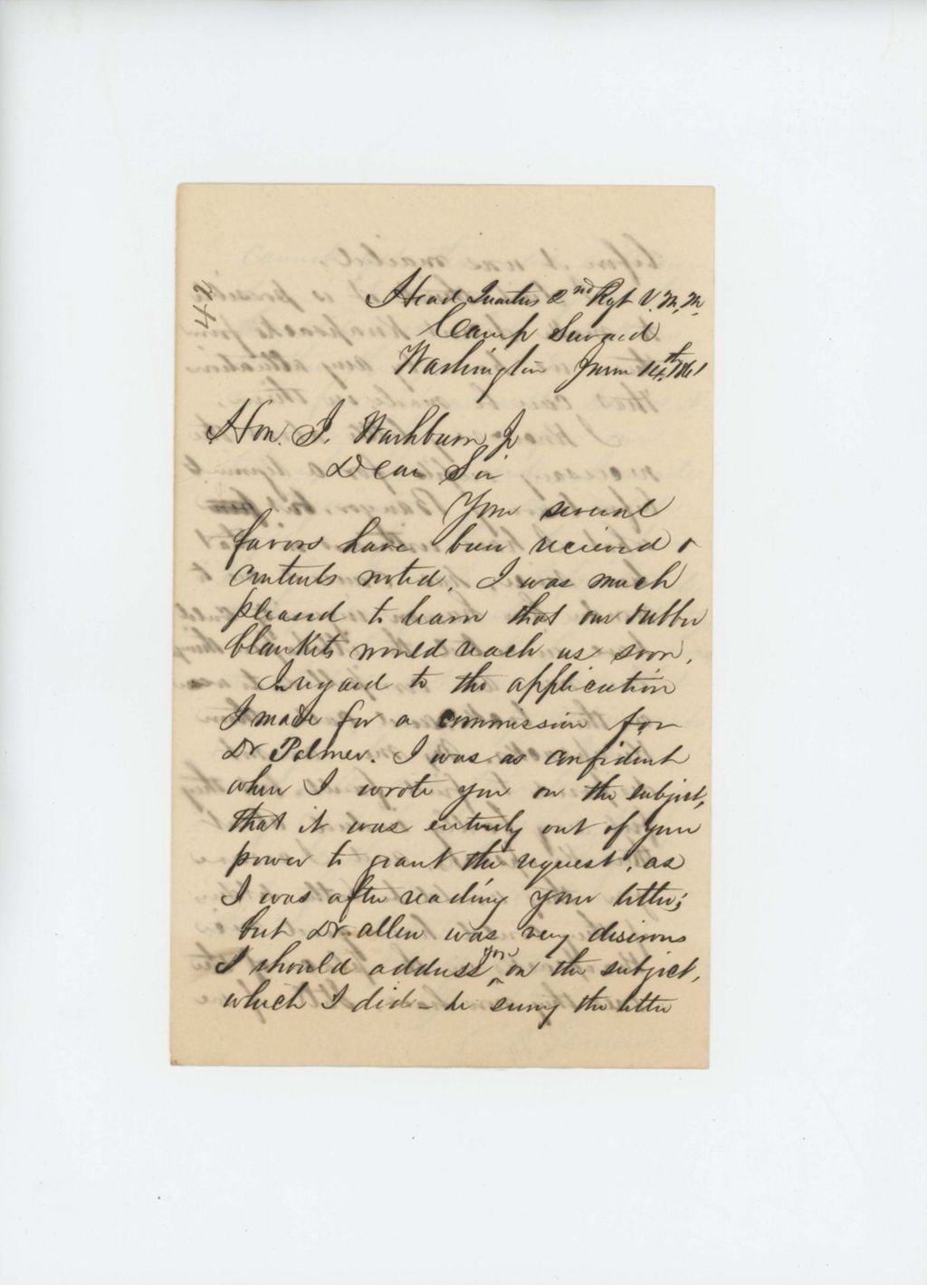 Miniature of Colonel Jameson writes to Governor Washburn to complain about poor quality of knapsacks