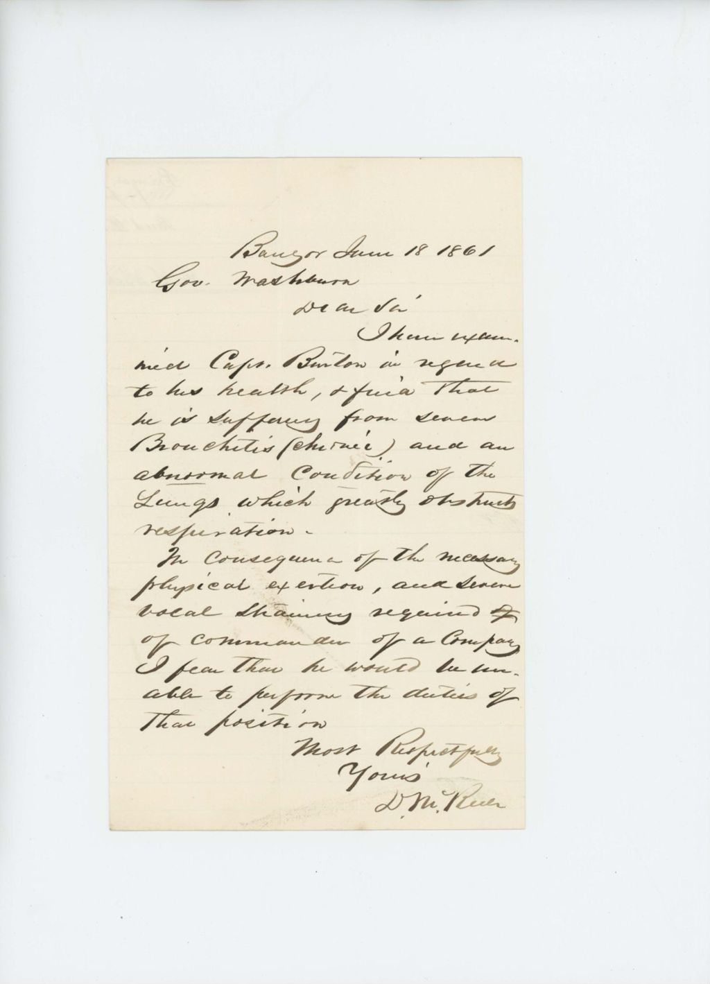 Miniature of Dr. McRuer writes to Governor Washburn about the poor health of Captain Burton