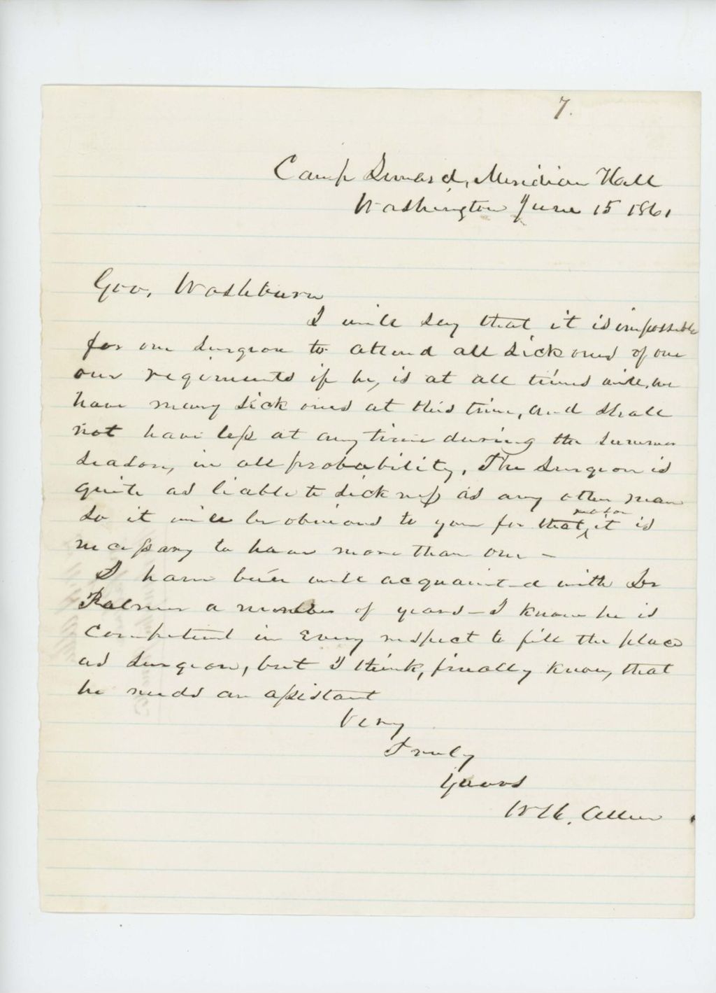 Miniature of Dr. W.H. Allen requests the aid of Dr. Palmer with so many sick soldiers