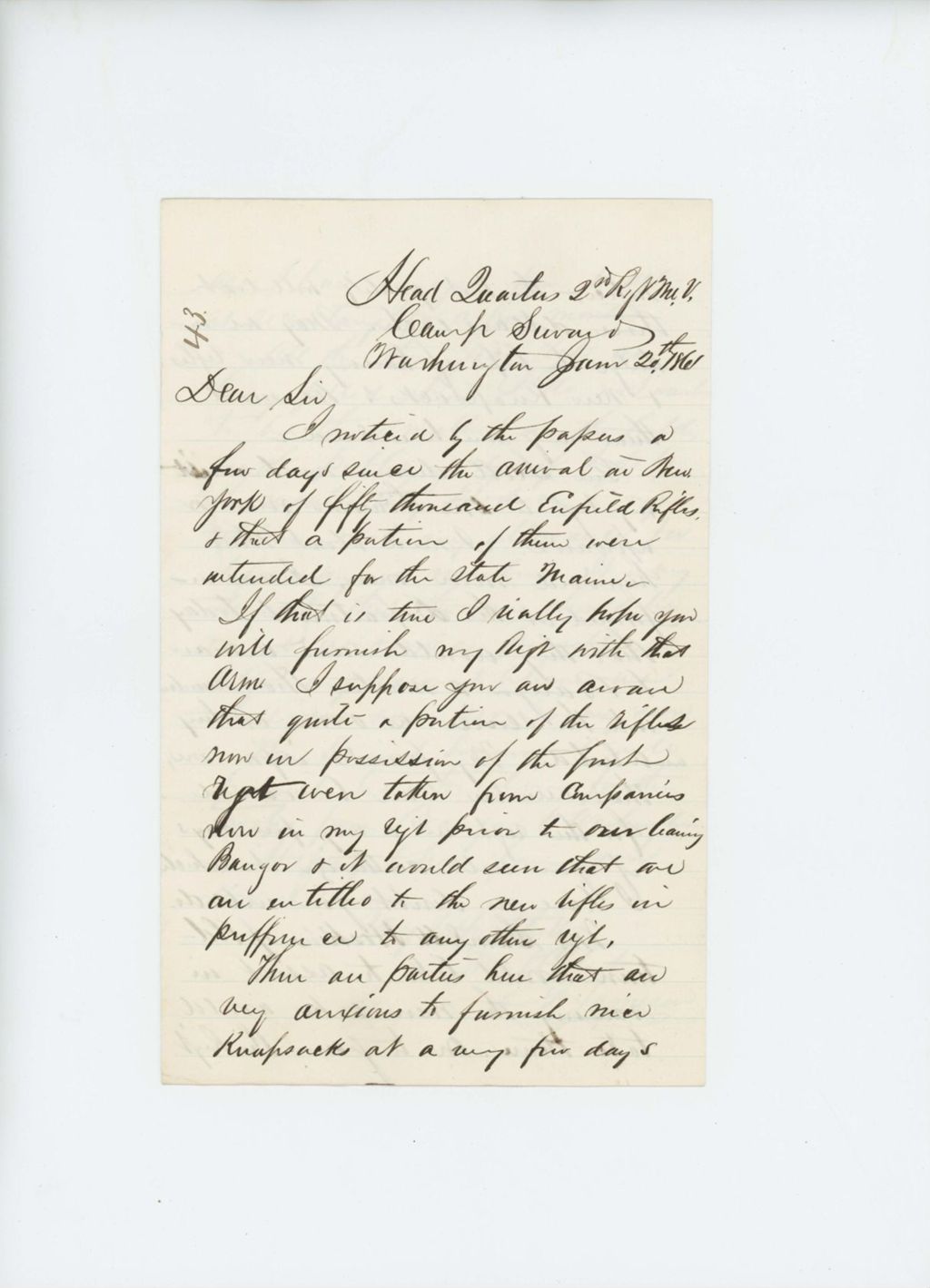 Miniature of Colonel Jameson requests Enfield rifles and new knapsacks for the 2nd Regiment