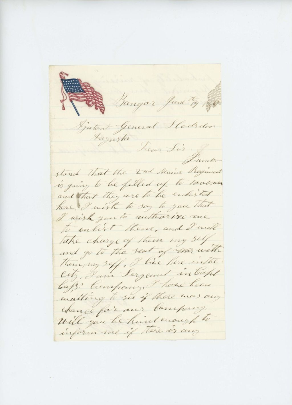 Miniature of L.C. Fairfield writes to Adjutant General Hodsdon to request permission to take charge of enlistment of 1000 men