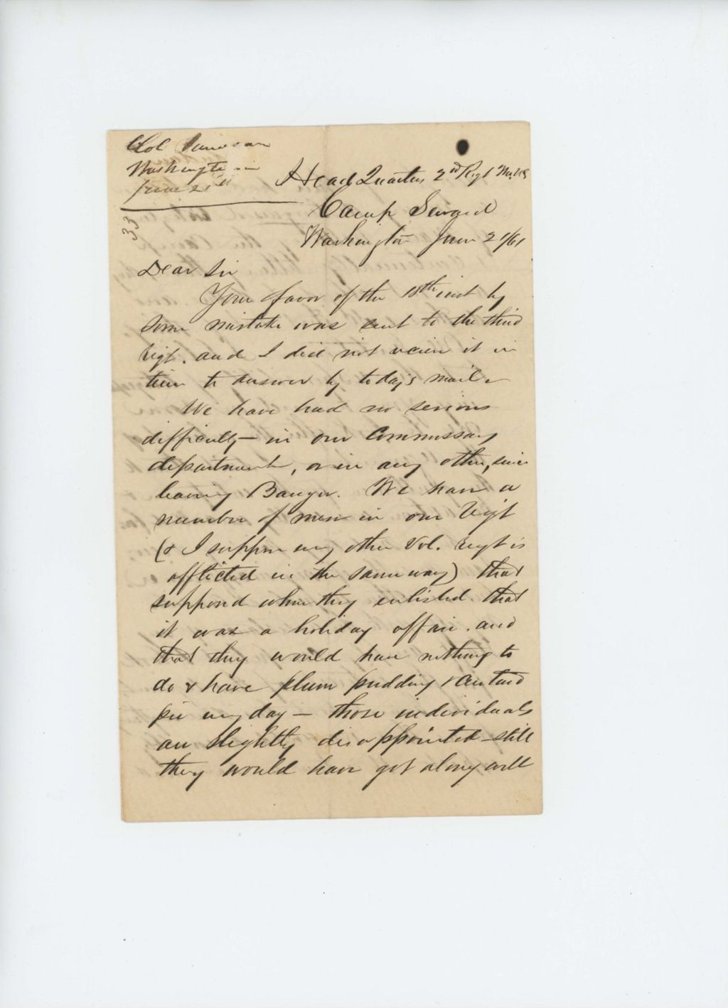 Miniature of Colonel Jameson describes trouble within the Regiment and interference from camp visitors
