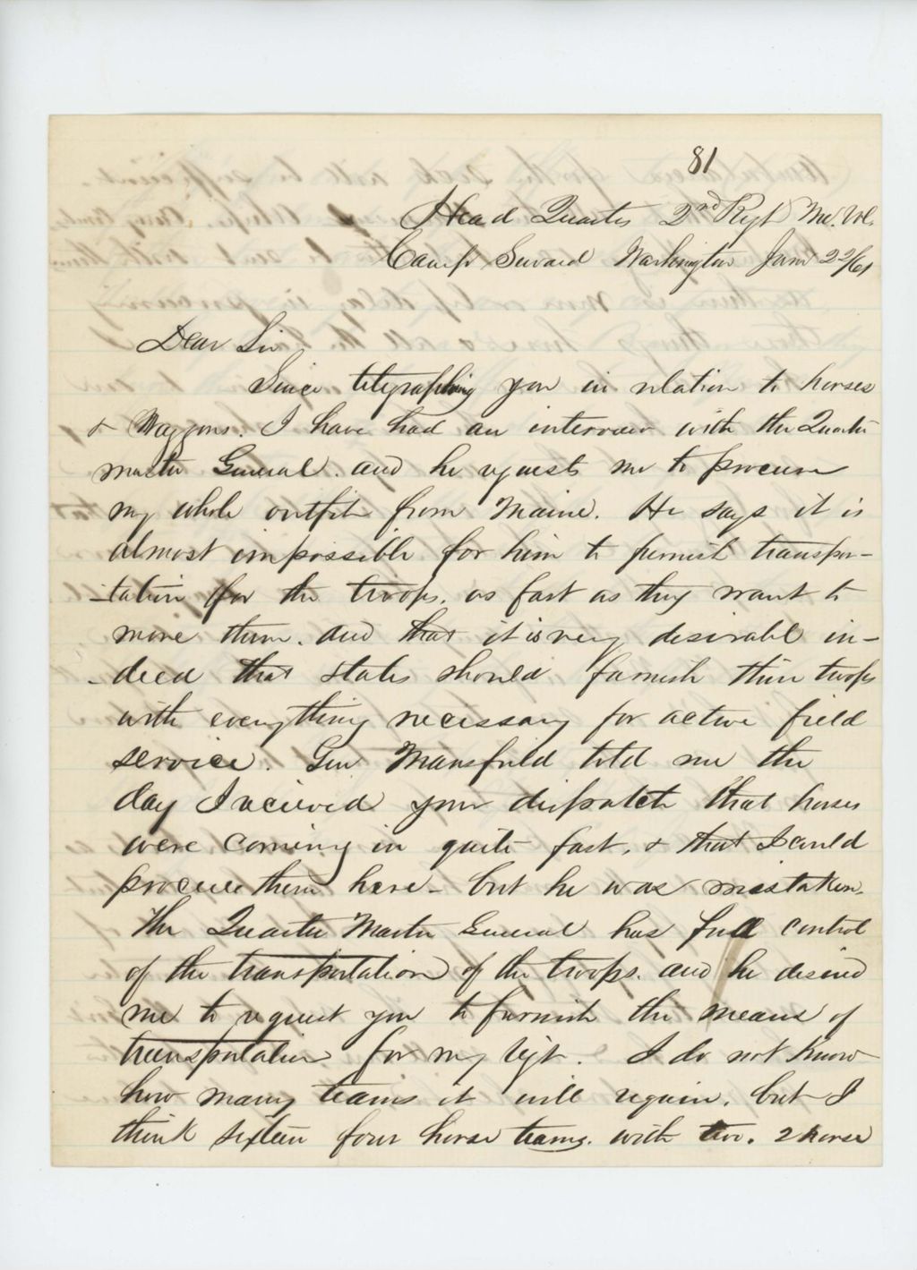 Miniature of Colonel Jameson requests transportation, ambulances, and supplies for the regiment