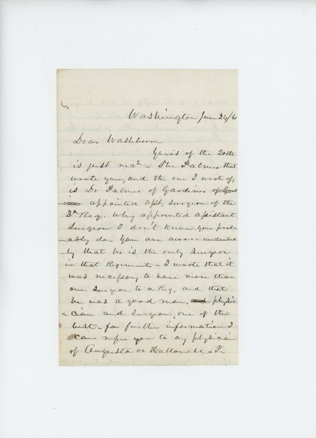 Miniature of Dr. W.H. Allen writes to Governor Washburn regarding status of regiment