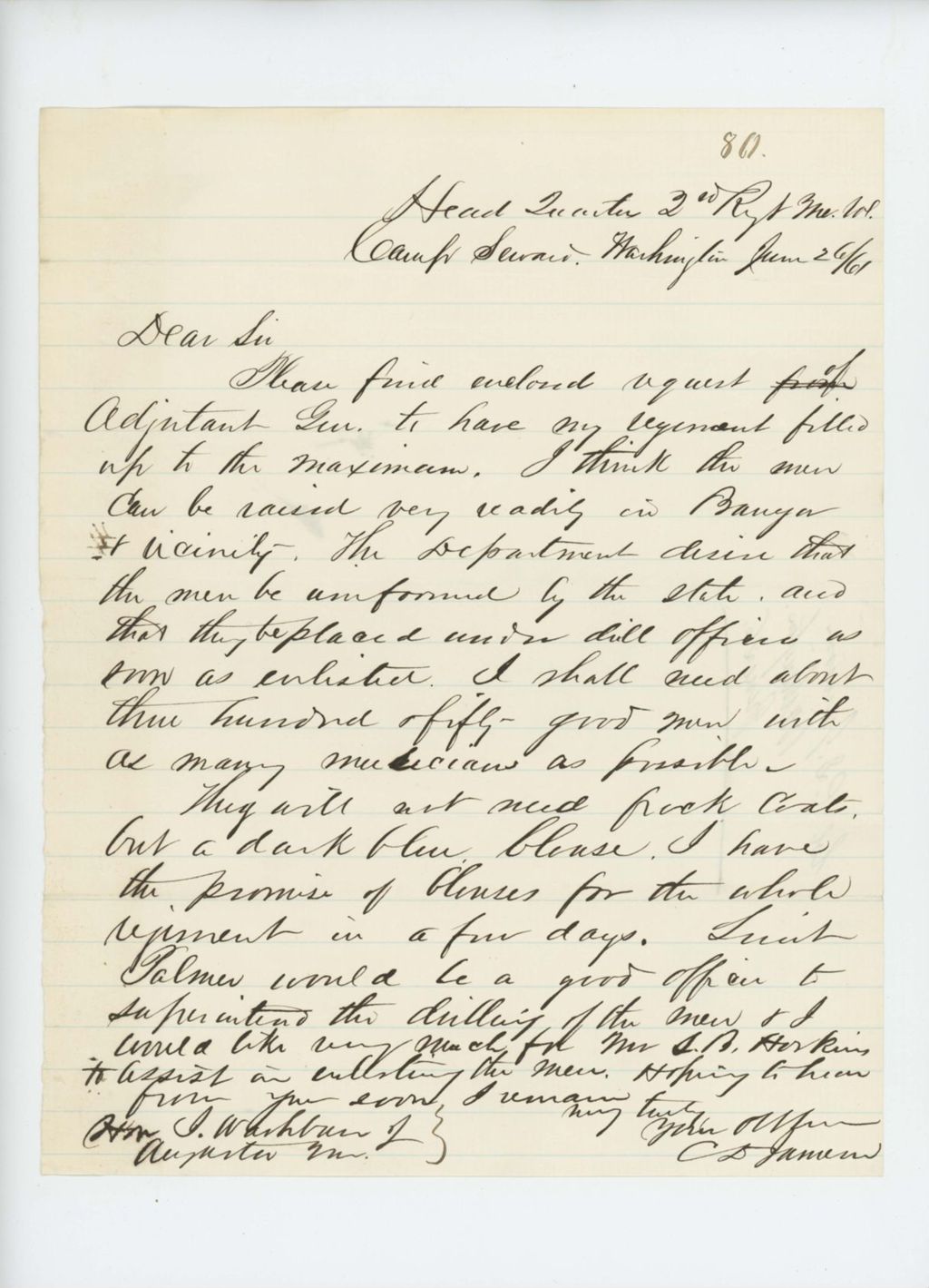 Miniature of Colonel Jameson writes to Governor Washburn to request 350 additional men and supplies