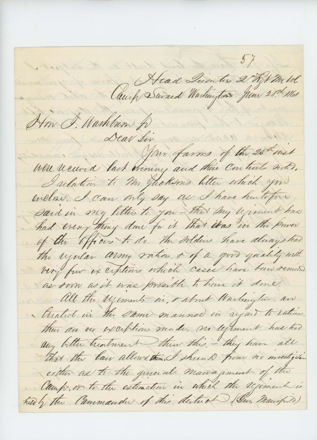Miniature of Colonel Jameson writes to Governor Washburn regarding complaints within the regiment