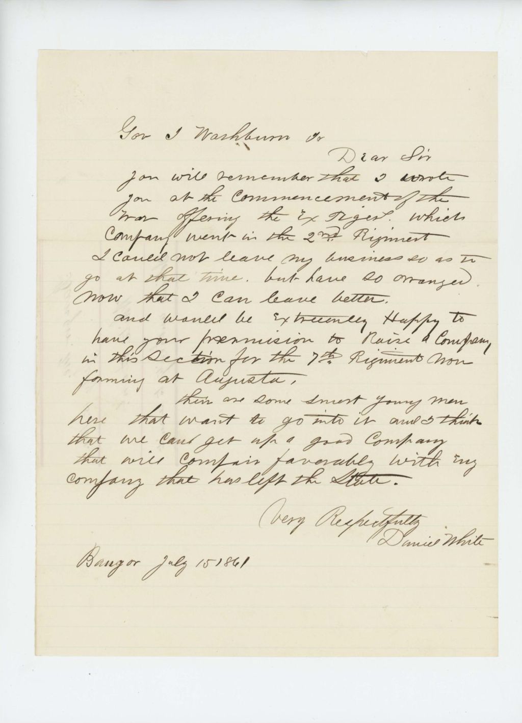 Miniature of Daniel White requests the authority to recruit soldiers