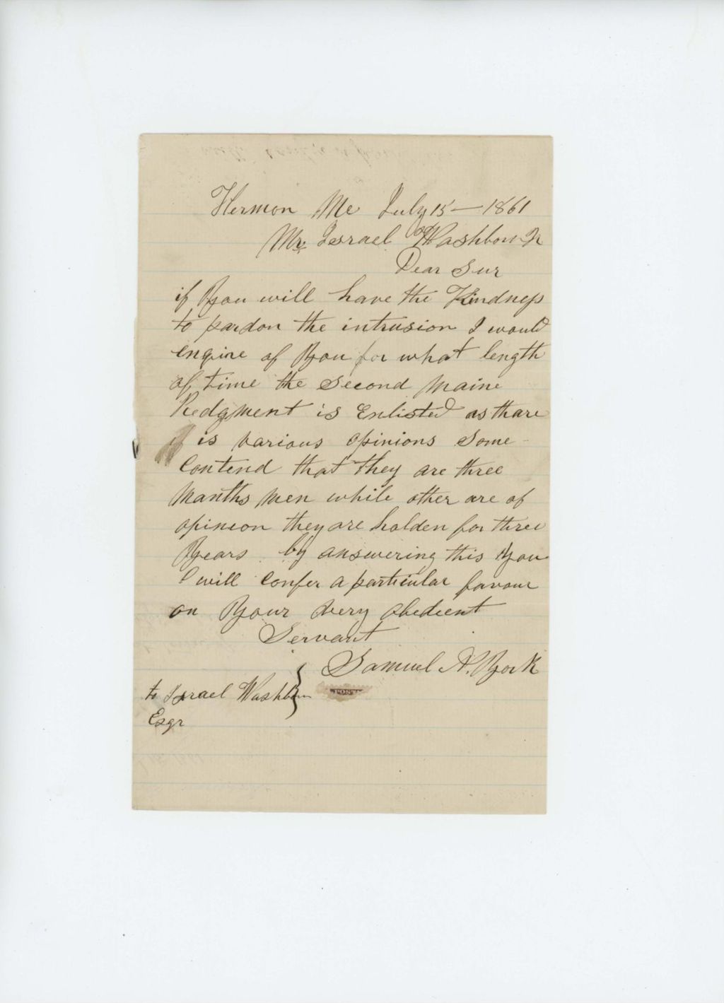 Miniature of Samuel York inquires about the 2nd Regiment's term of service