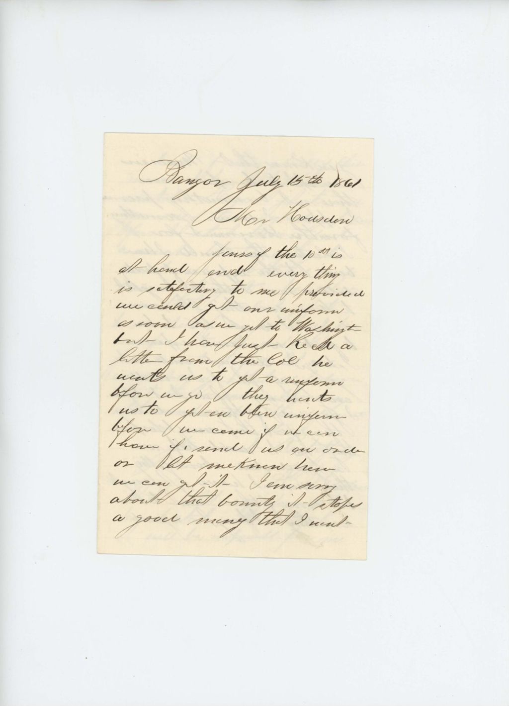 Miniature of A.D. Harlow writes to Adjutant General Hodsdon about musician recruitment