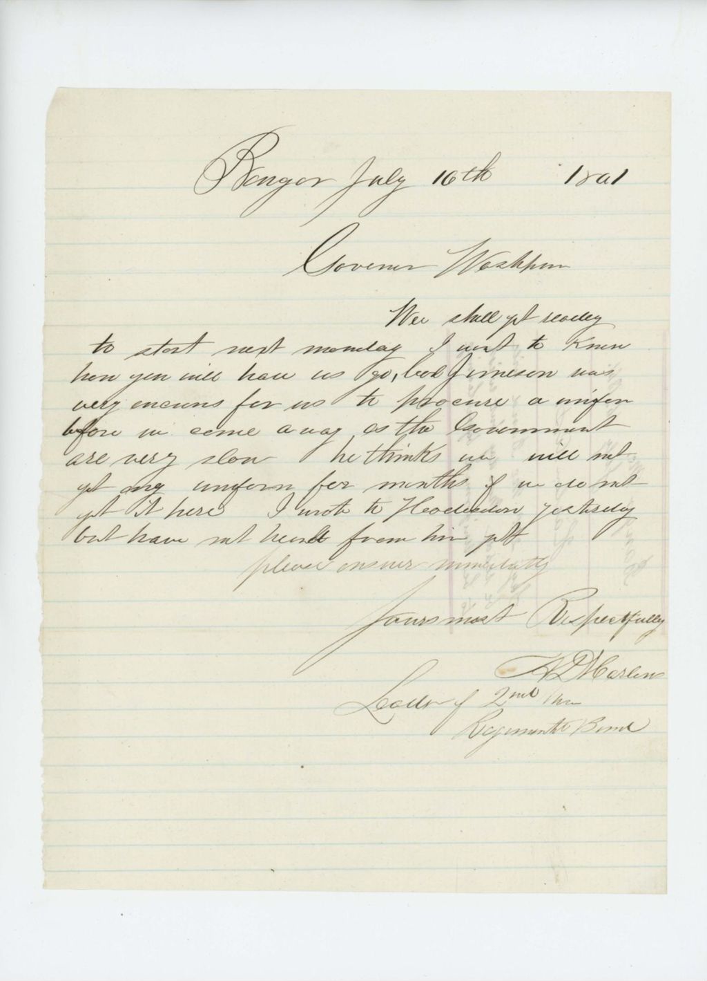 Miniature of A.D. Harlow, leader of the 2nd Maine Regiment band, requests uniforms from Governor Washburn