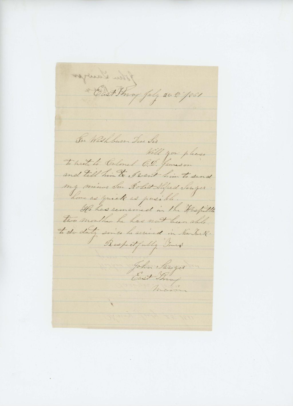 Miniature of John Sawyer writes to Governor Washburn requesting that his ailing son be sent home