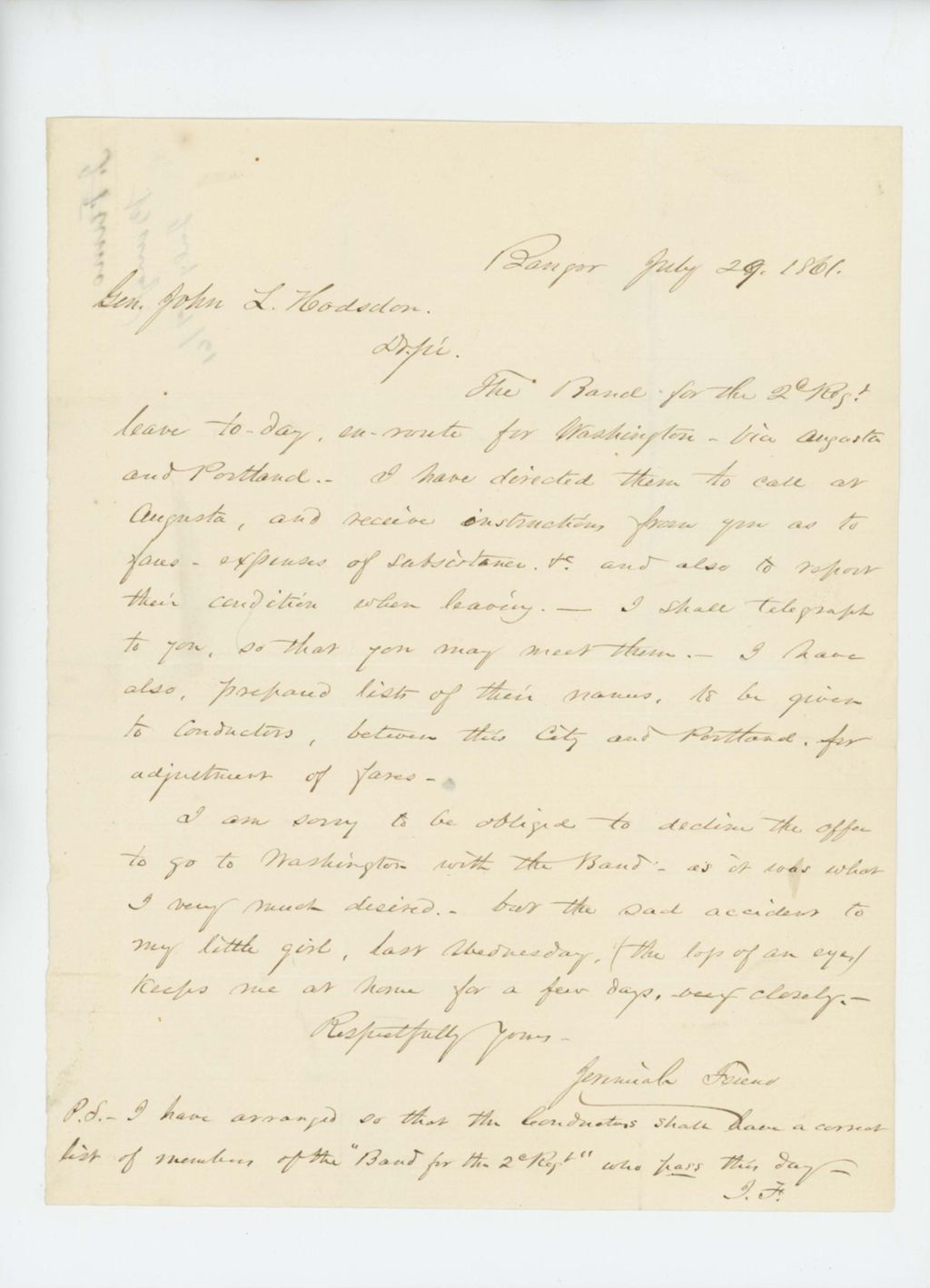 Miniature of Jeremiah Fenno writes to Governor Washburn regarding the 2nd Maine Regiment band