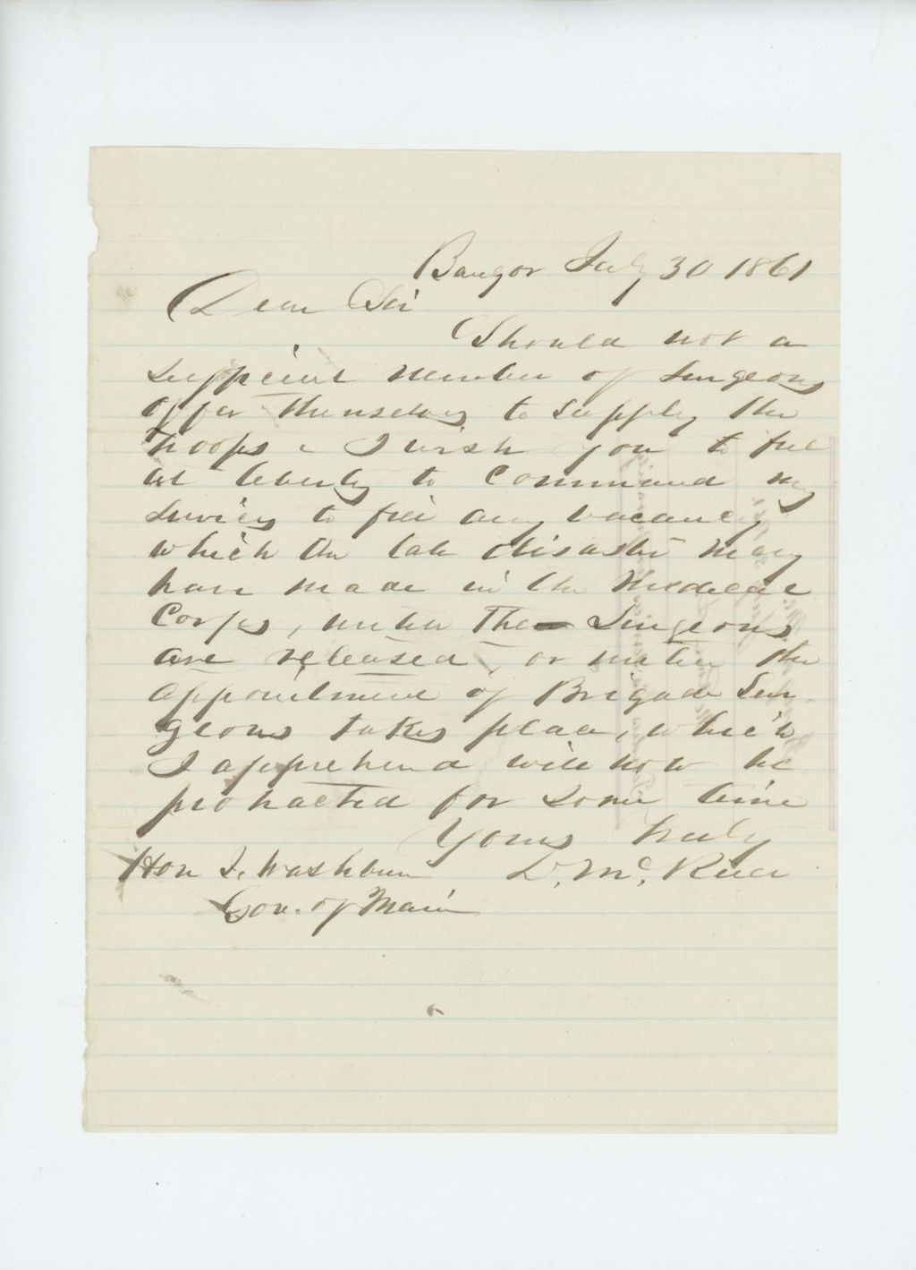 Miniature of Dr. McRuer writes to the Governor to temporarily offer his services