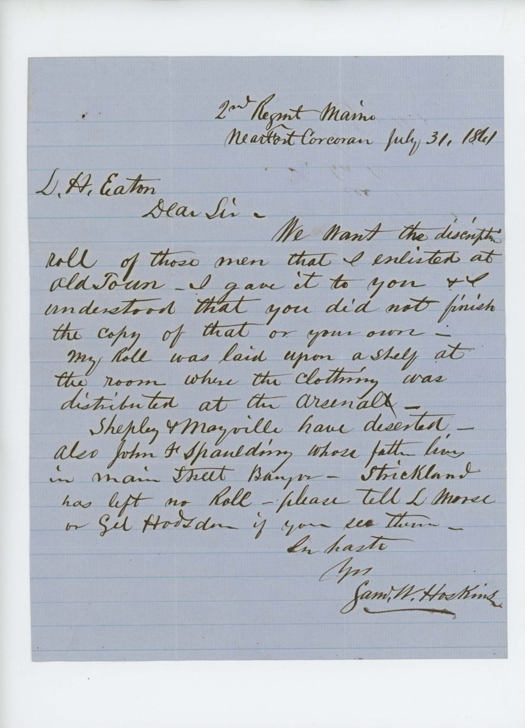 Miniature of Samuel W. Hoskins writes to Mr. Eaton to request a copy of the regiment's descriptive roll