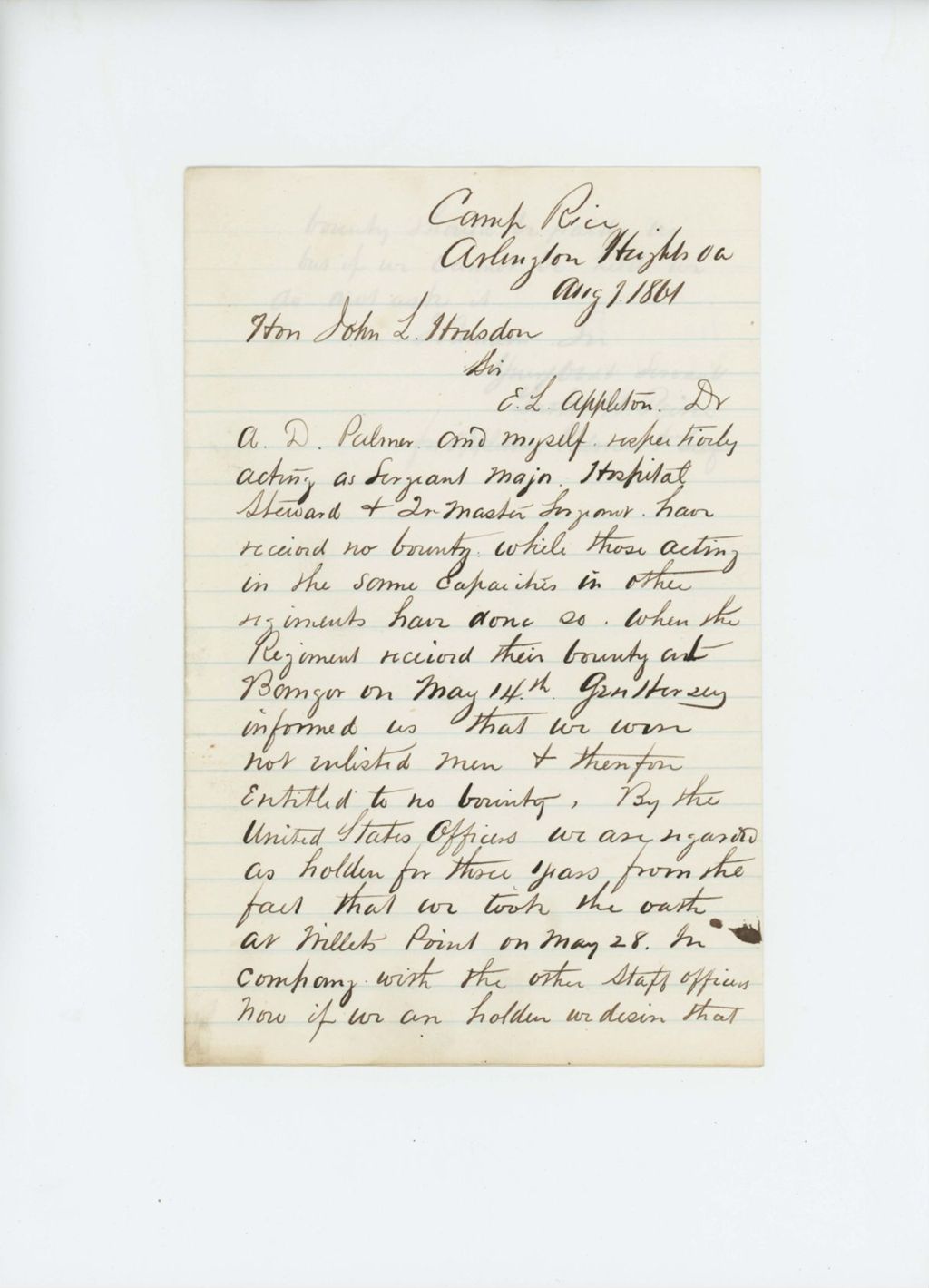 Miniature of Quartermaster Luther H. Peirce requests bounty payment for himself and others