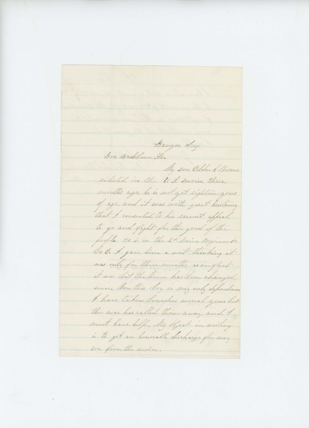 Miniature of Rachel Keene requests the discharge of her son Elden from the regiment