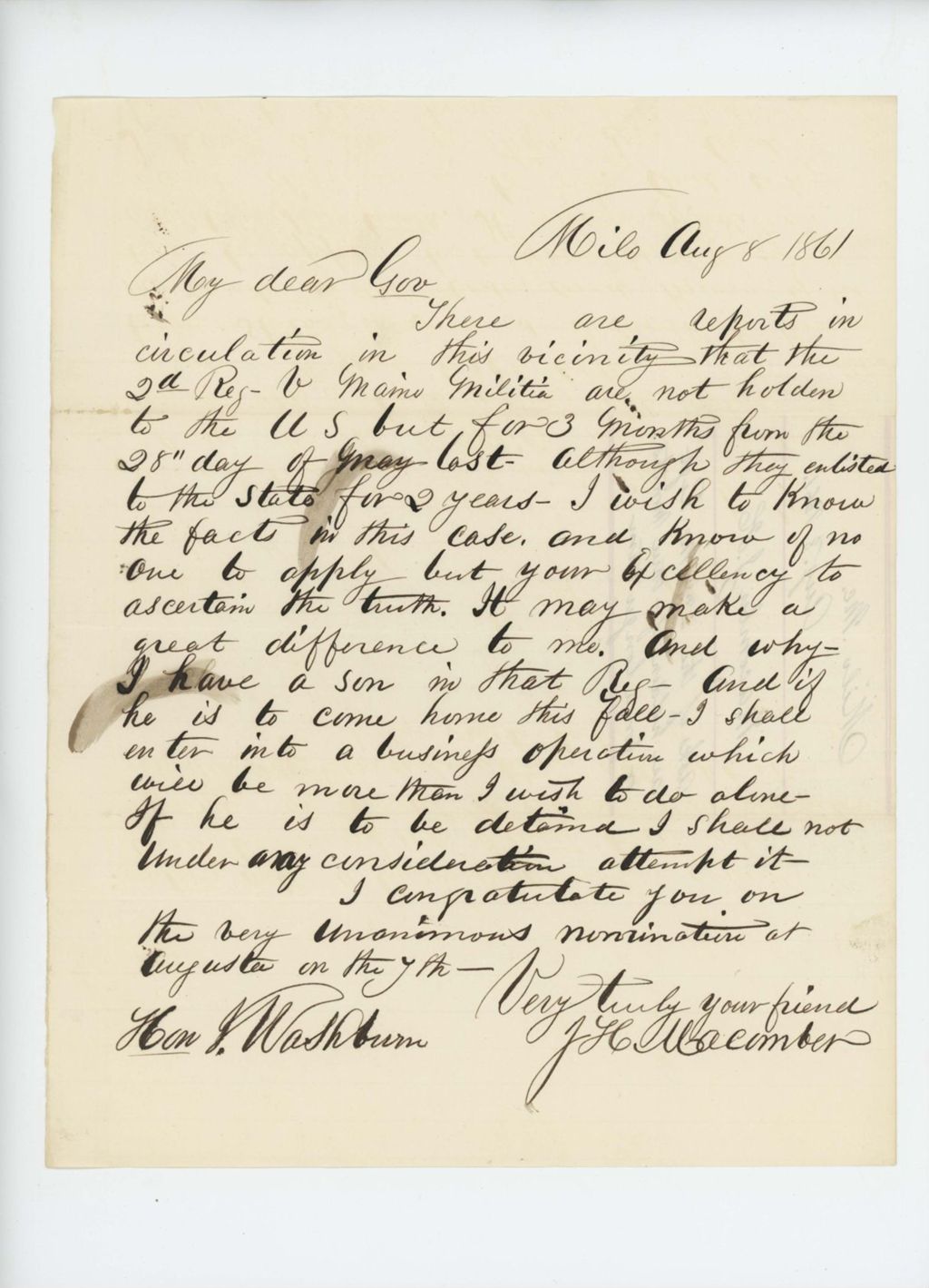 Miniature of J.H. Macomber writes to Governor Washburn inquiring about term of service