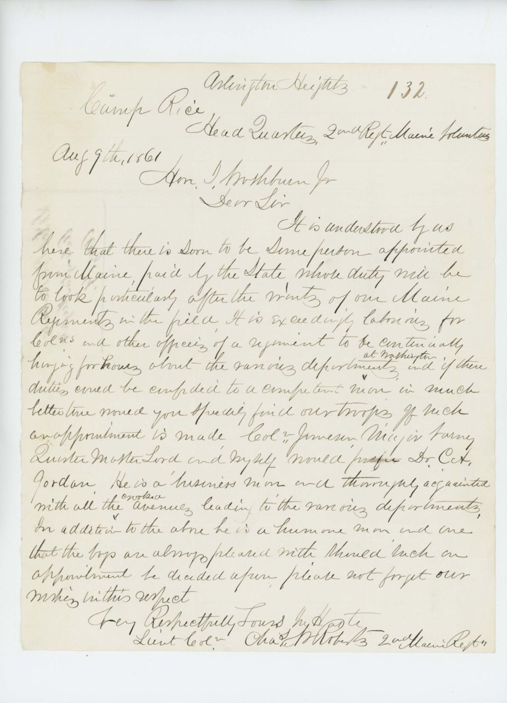 Miniature of Lieutenant Colonel Charles W. Roberts recommends Dr. Jordan for service