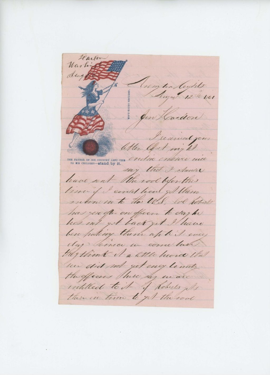 Miniature of A.D. Harlow writes to Adjutant General Hodsdon regarding the regimental band